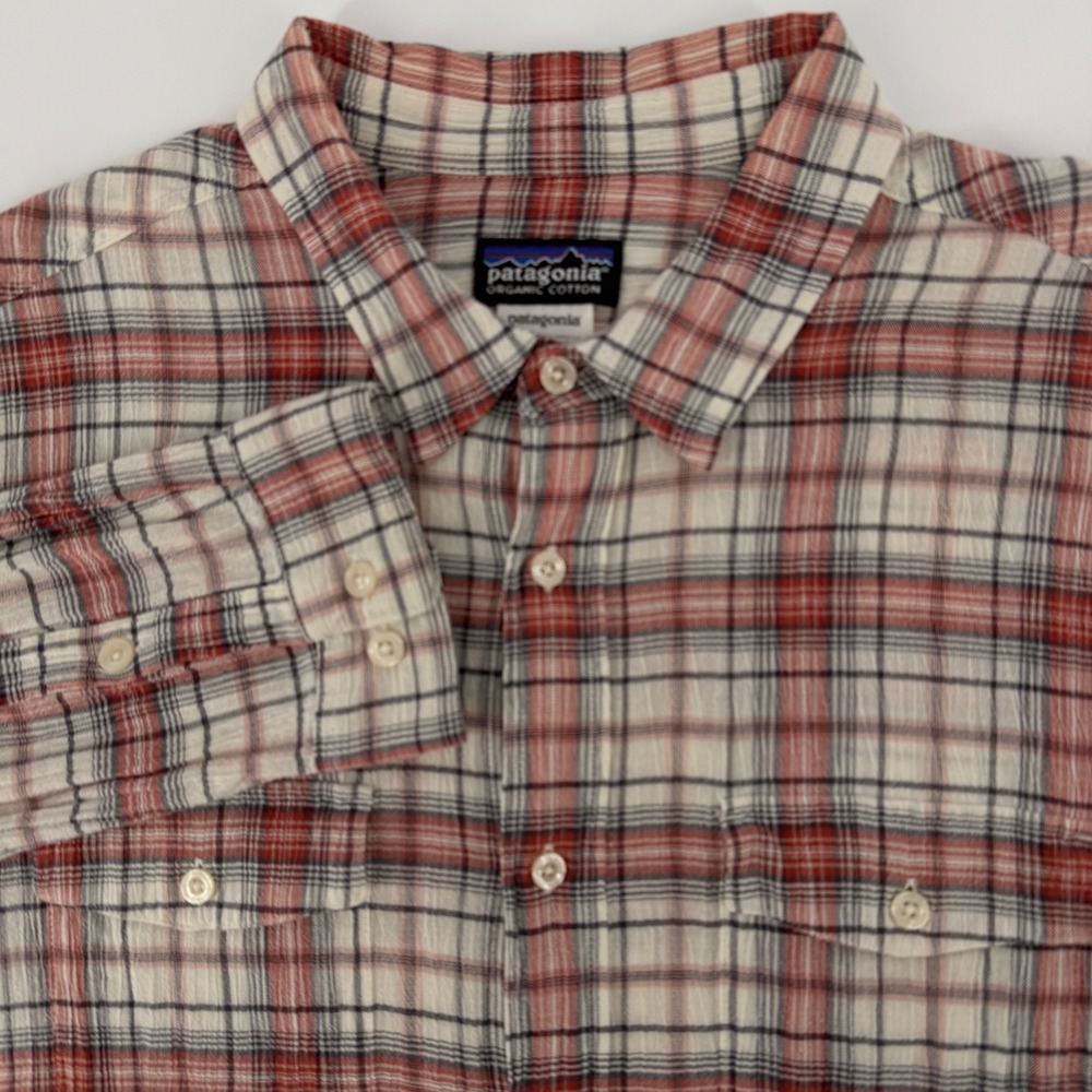 Patagonia Mens XL Organic Cotton Long Sleeve Plaid Button Down Shirt Red White